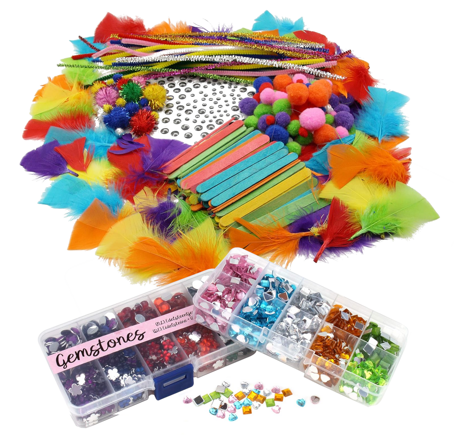 Großes XL Bastelset über 1700 Teile 120 Wackelaugen, 60 Federn, 80 Pompons, 80 Eisstäbchen, 36 Pfeifenputzern und über 1400 Strasssteine in 20 Varianten